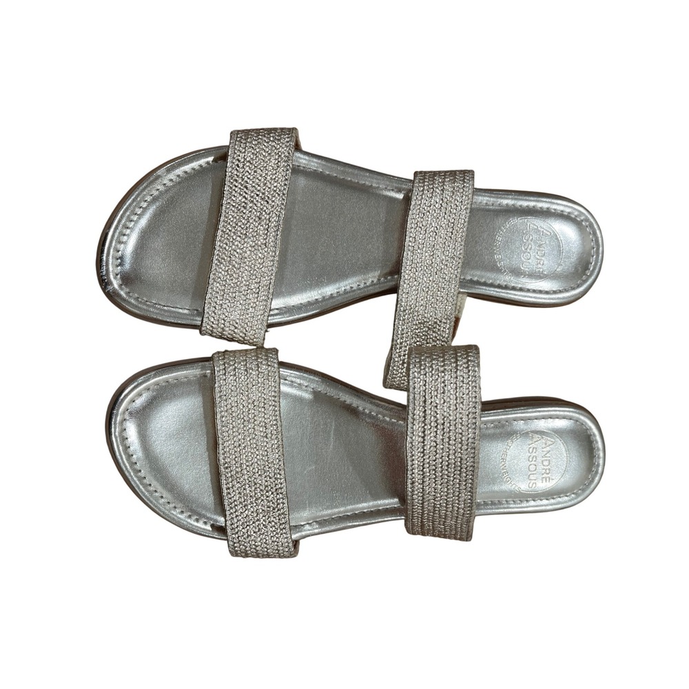 Andre Assous Nabila Silver Metallic Woven Double Strap Slide Sandals Mens 9.5M